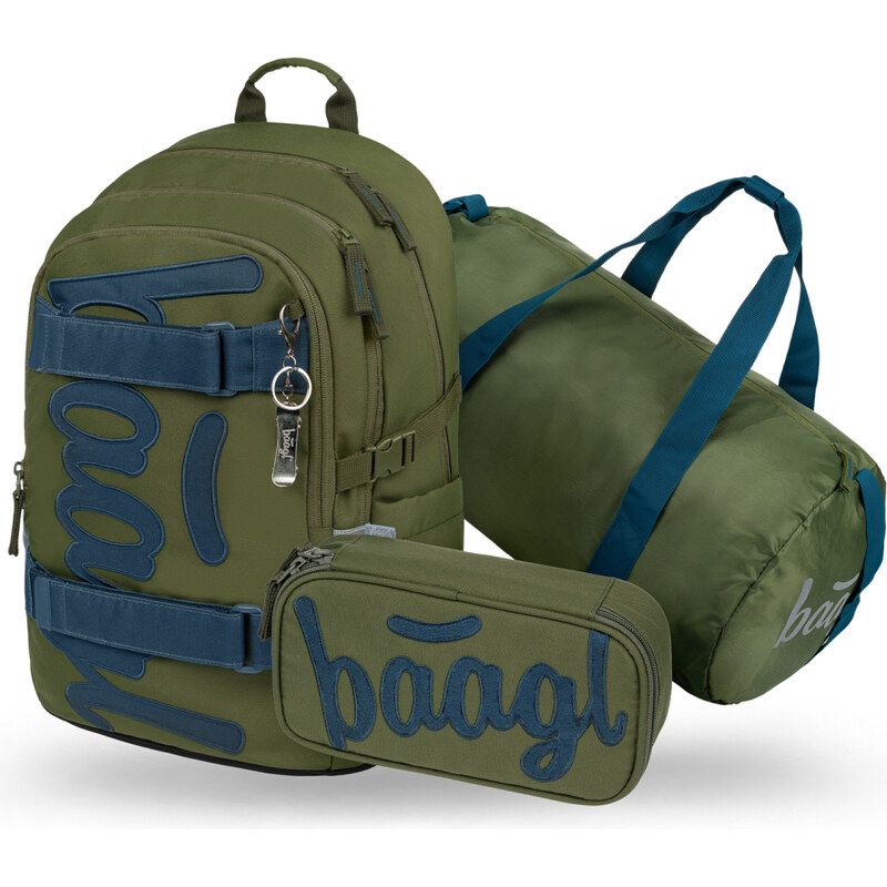 BAAGL SET 3 Skate Olive: batoh, penál, sportovní taška GRS