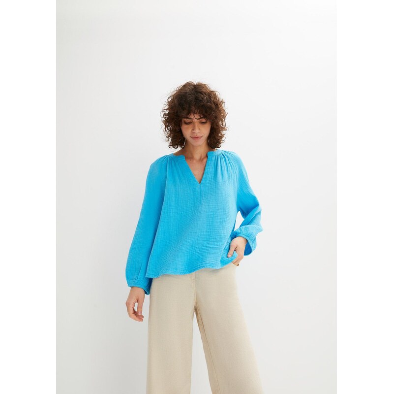 bonprix Oversize halenka z mušelínu modrá Žena 81622903