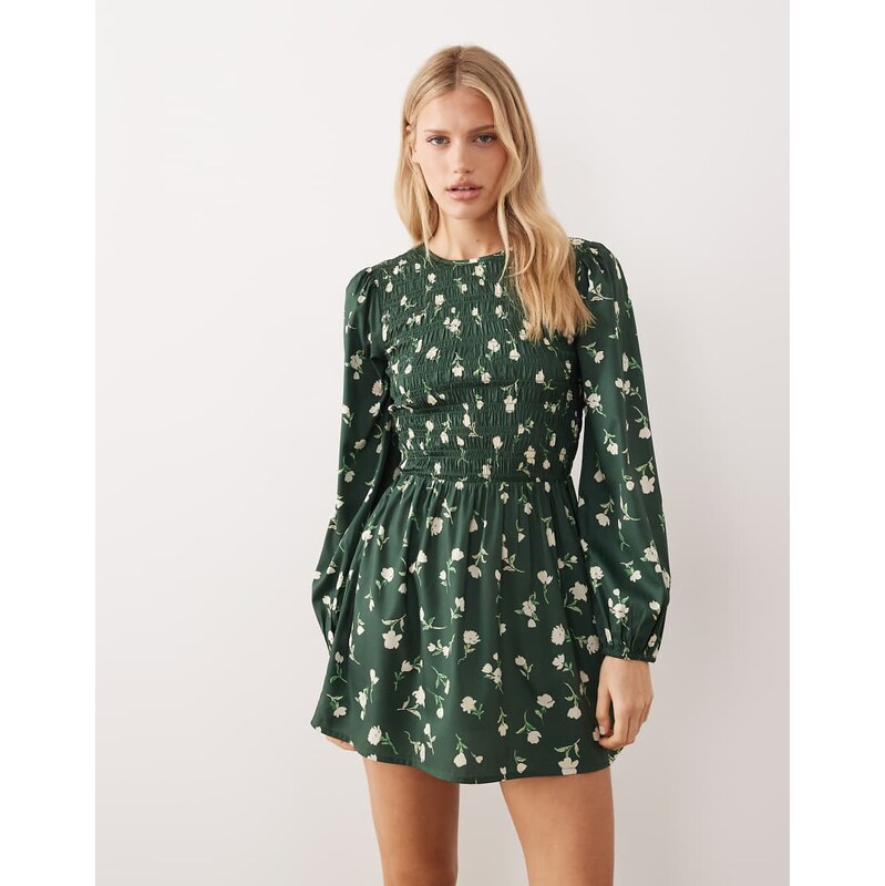 Wednesdays Girl shirred long sleeve floral print mini dress in