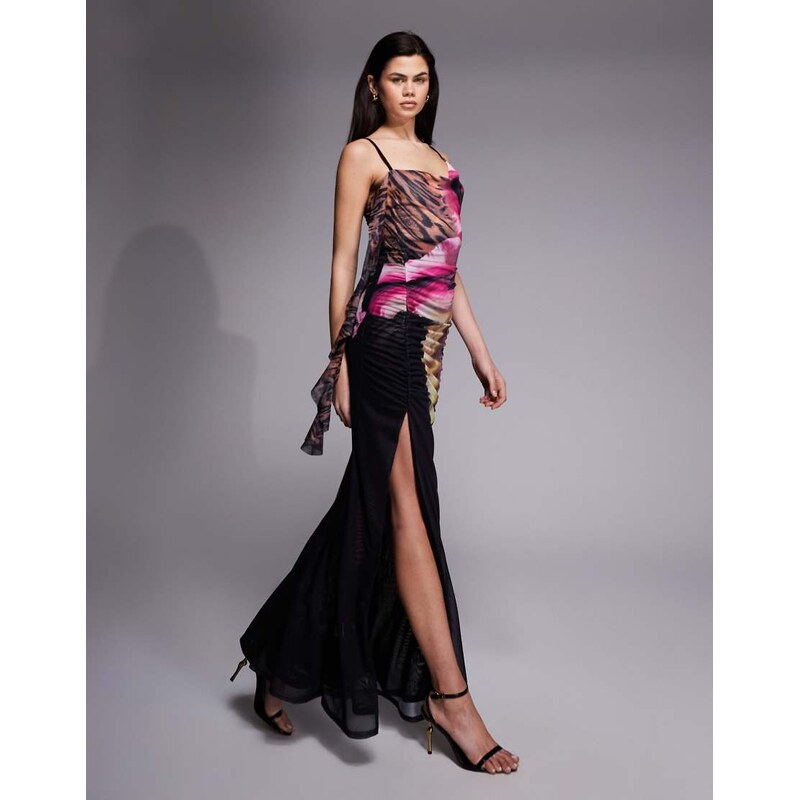 Murci premium mesh cowl detail drape thigh split maxi dress in