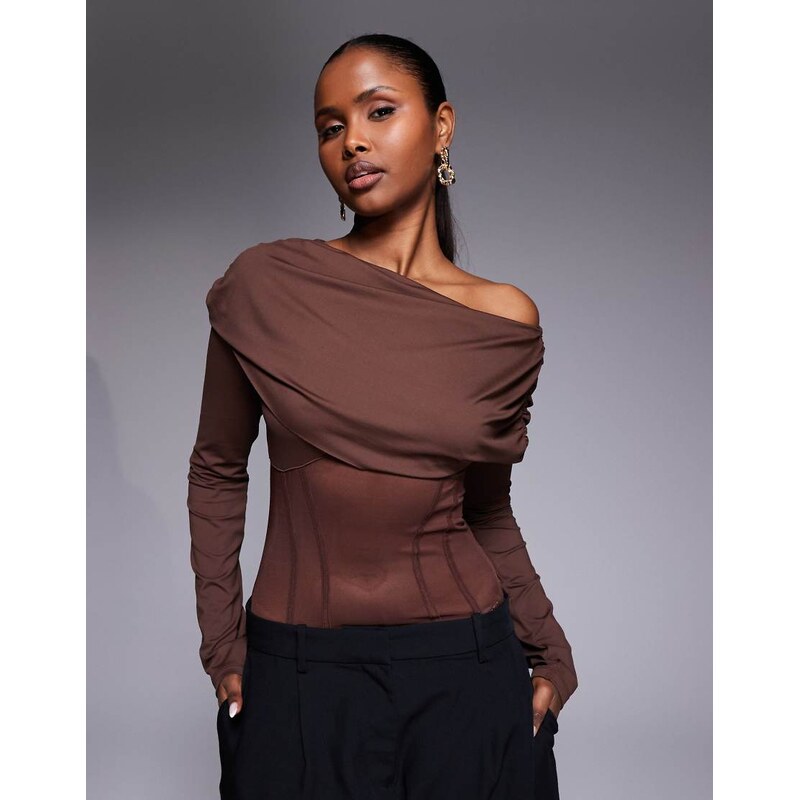 ASOS DESIGN wrap over corset bodysuit in chocolate-Brown