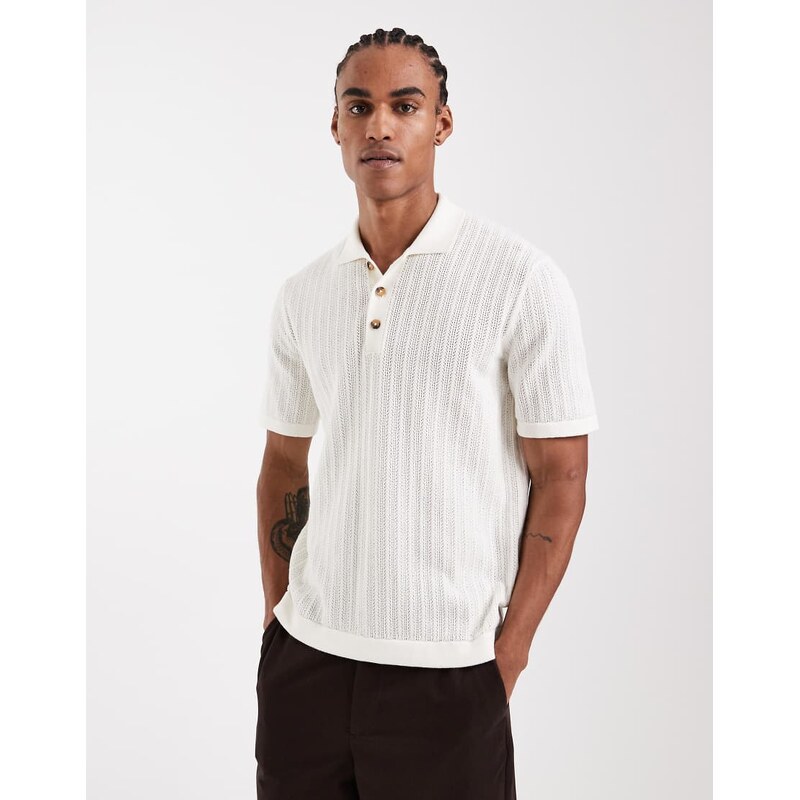 ONLY & SONS open knit polo in cream-White