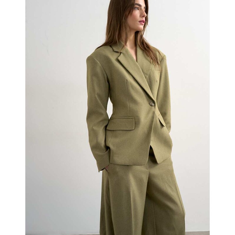Topshop co ord cinched padded shoulder blazer in taupe-Brown 114589449