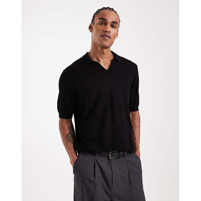 ONLY & SONS relaxed fit split neck polo in black