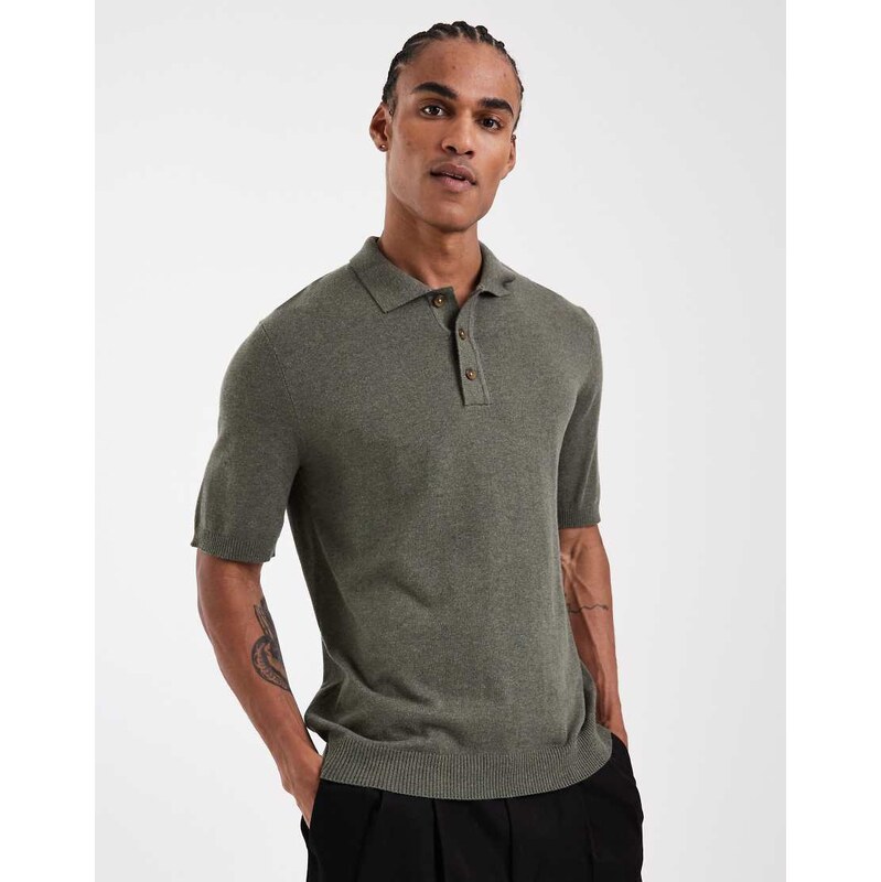 ONLY & SONS knitted short sleeve polo in khaki-Green