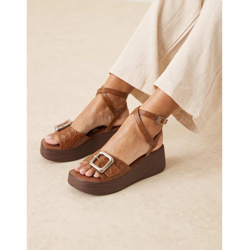 ASOS DESIGN Tammy wood effect wedges with buckle detail in tan