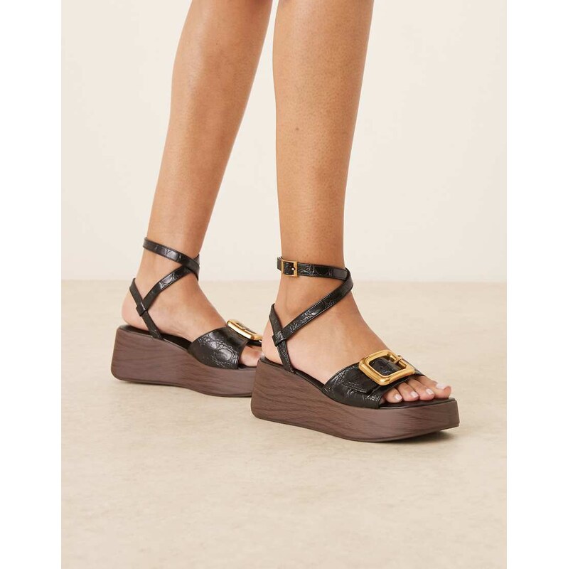 ASOS DESIGN Tammy wood effect wedges with buckle detail in black