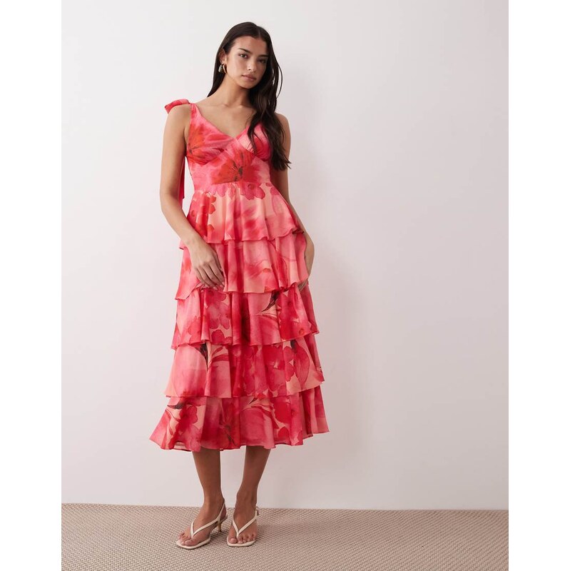 Pretty Lavish Fiore tie shoulder ruffle detail midi dress in red and 113501816
