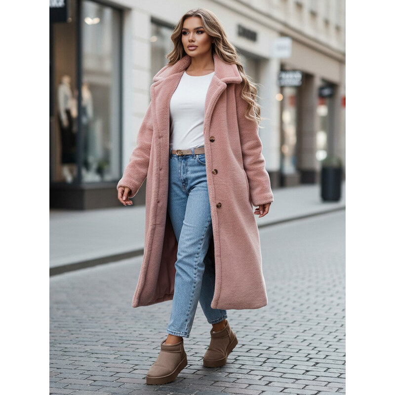 Dámský zimní kabát teddy kožešina dlouhý růžový FashionStreet