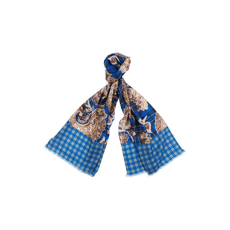 Made in Italy Luxusní vlněná šála - modrá béžová, květinový vzor
