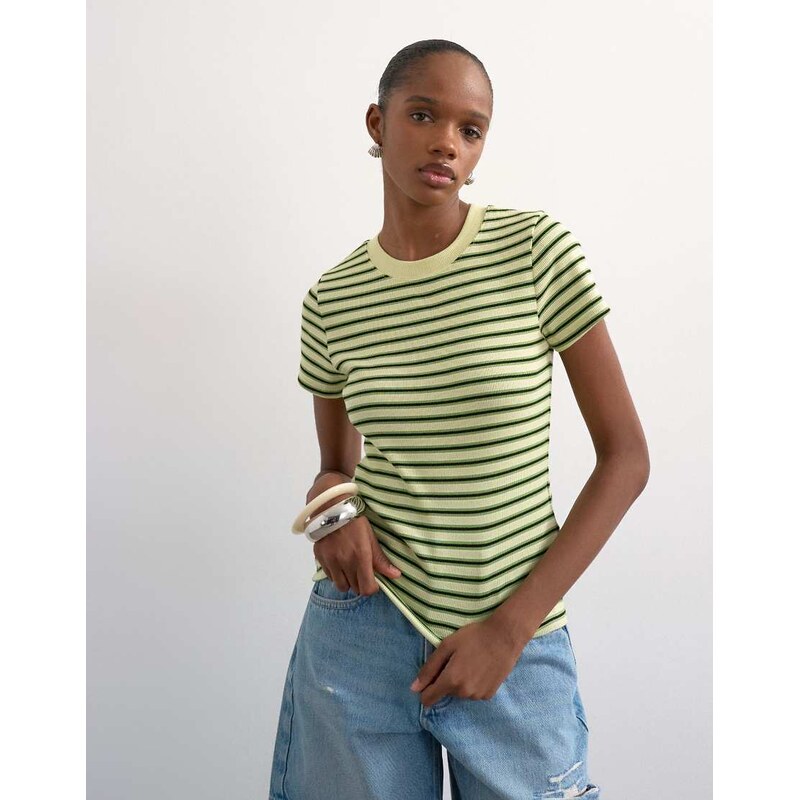 Topshop stripe rib short sleeve tee in green