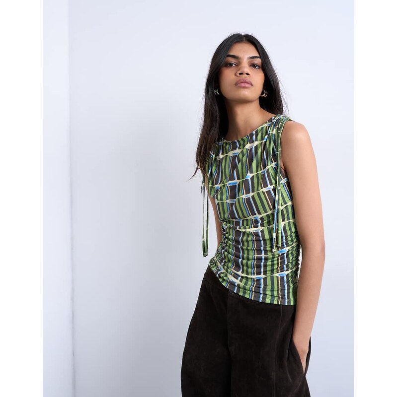 Topshop check print microfibre ruched shoulder tank in green