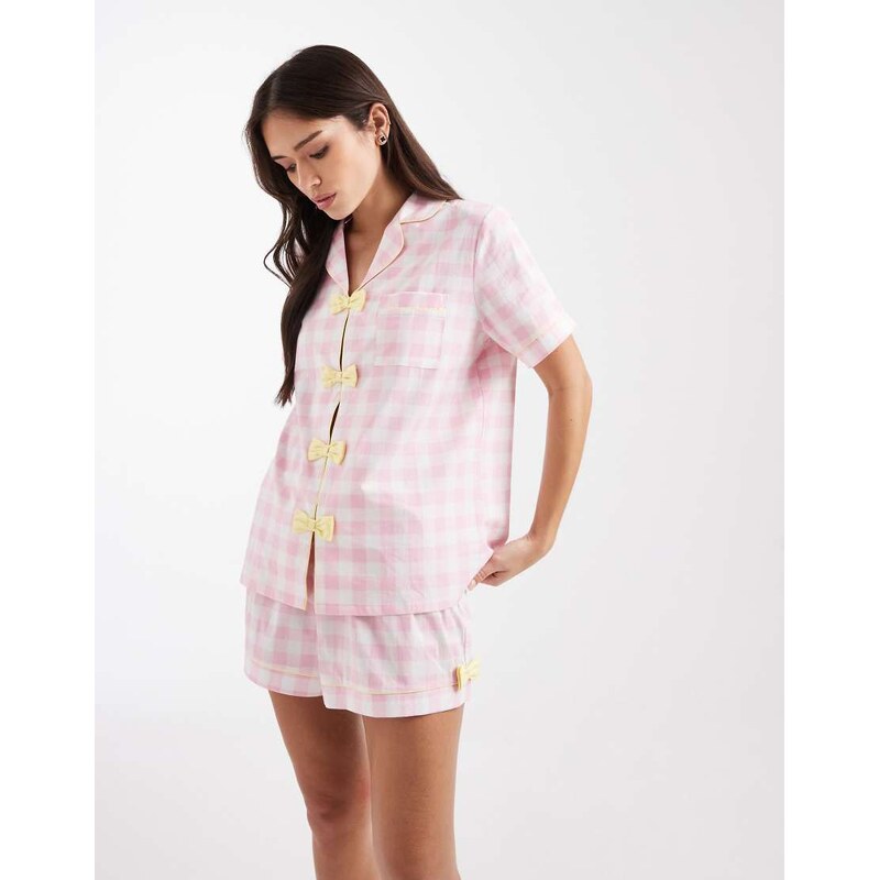 Loungeable woven short sleeve shirt & shorts pyjama set in pink
