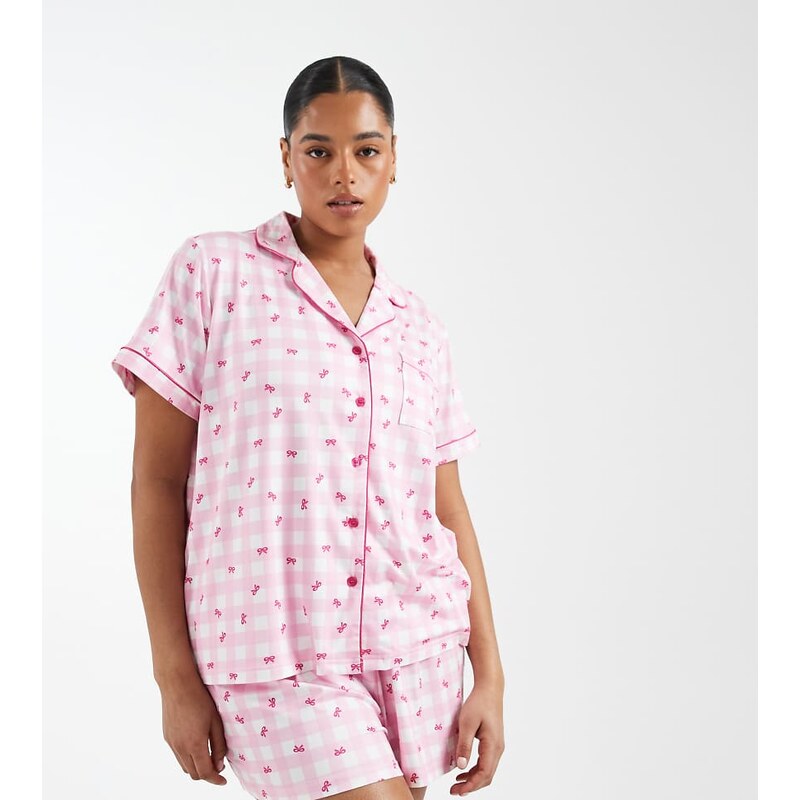 Loungeable Curve pink check supersoft jersey short sleeve shirt & 115516422