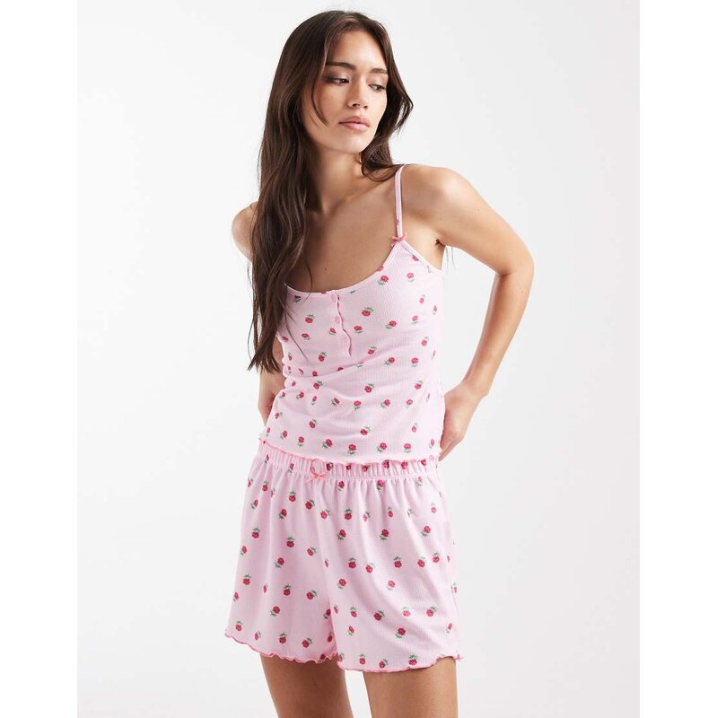 Loungeable floral print baby waffle cami and short set in pink 113500209