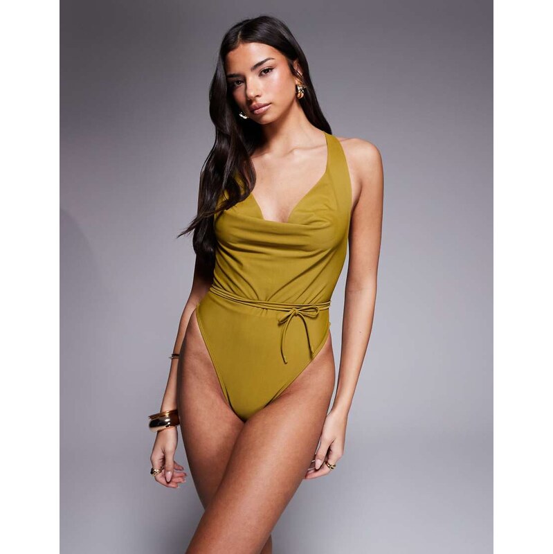 ASOS DESIGN Colette cowl neck swimsuit in chartreuse-Green 115242085