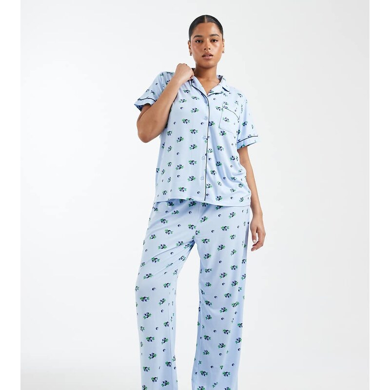 Loungeable Curve super soft jersey revere top and wide leg pyjama set 115516423