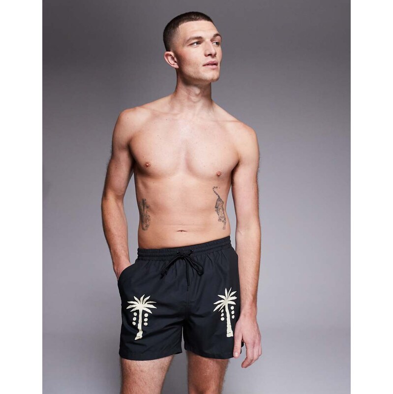 South Beach palm tree swimshort in faded black