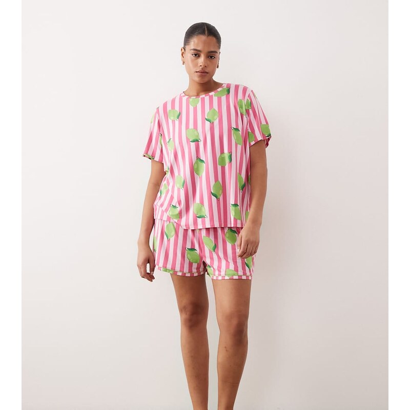 Urban Threads Curve jersey t-shirt and short pyjama set in pink stripe 113734592