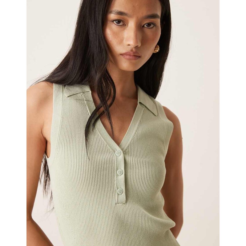 JDY rib knit sleeveless polo in sage-Green 115518412