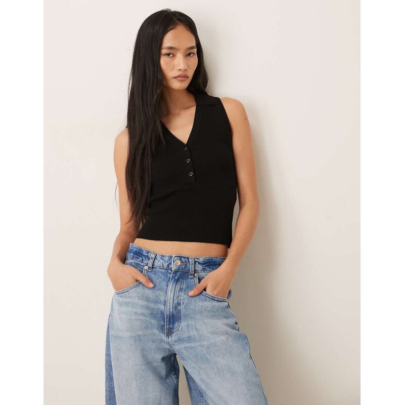 JDY rib knit sleeveless polo in black