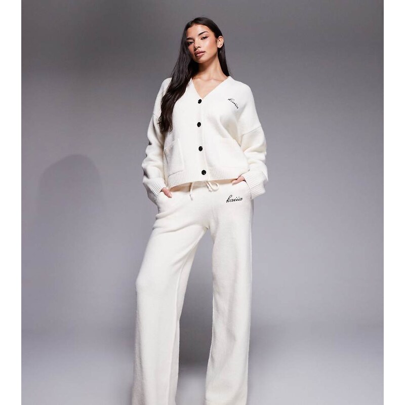 Kaiia wool feel knitted embroidered logo wide leg trouser co-ord