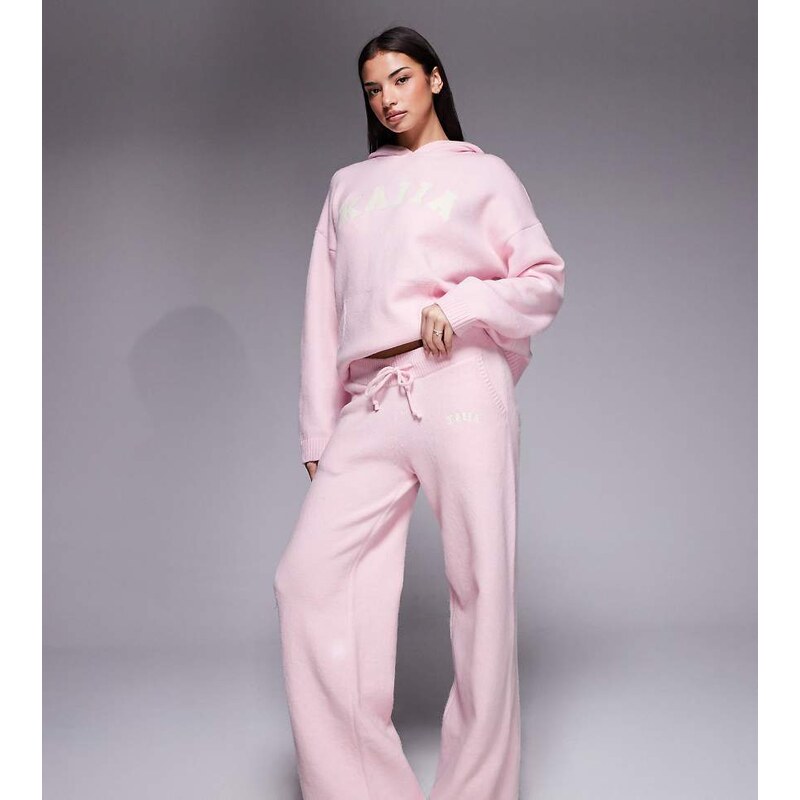 Kaiia knitted embroidered logo wide leg trouser co-ord in pink