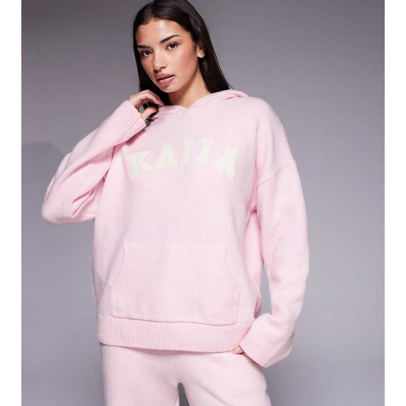 Kaiia wool feel knitted embroidered logo hoodie co-ord in pink 113501817