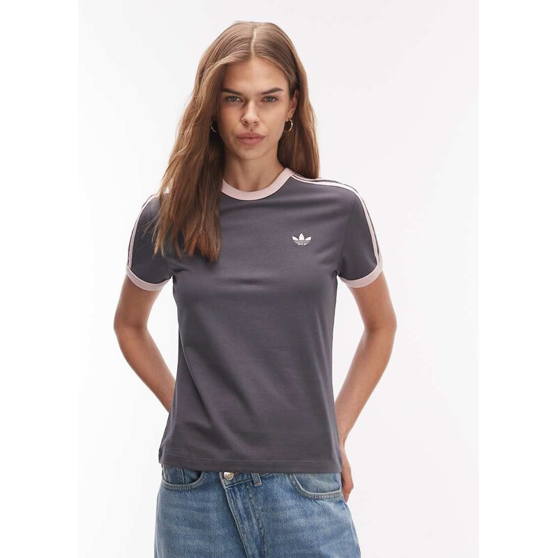 adidas Originals 3 stripe t-shirt in charcoal grey and pink 113518656