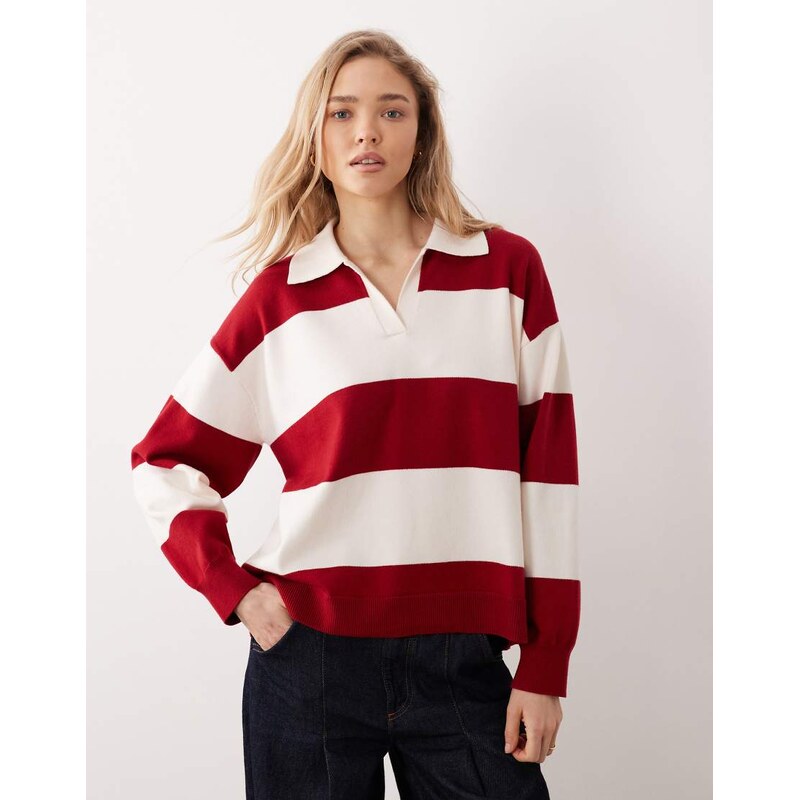 Mango knitted polo top in red and white stripe-Multi 113500266