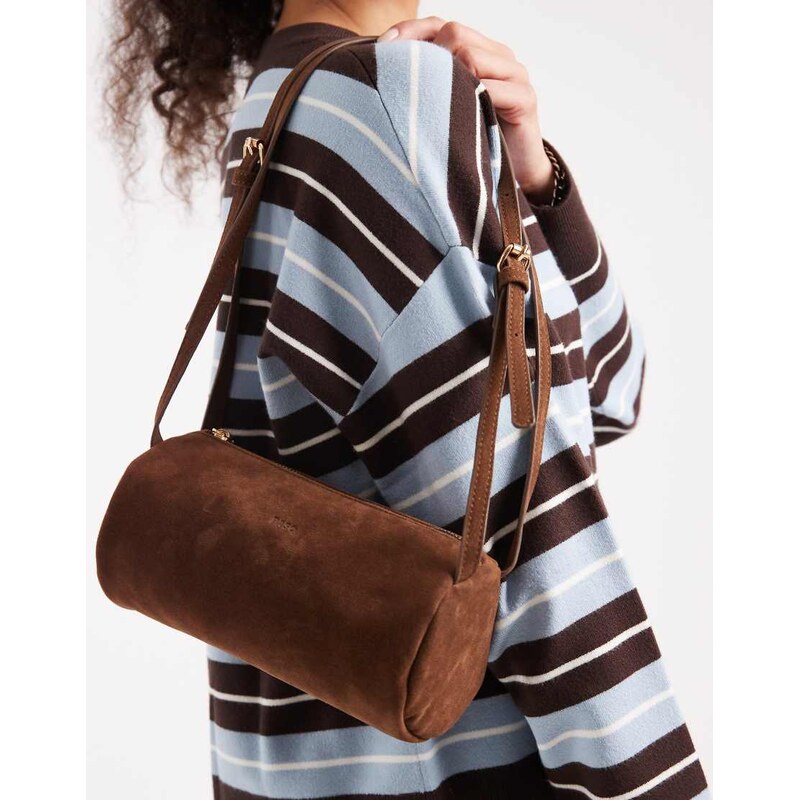PASQ faux suede dual strap barrel bag in dark brown 113518687