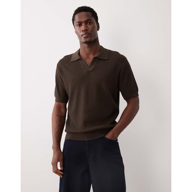 Mango 100% cotton knitted revere neck short sleeve sweater in