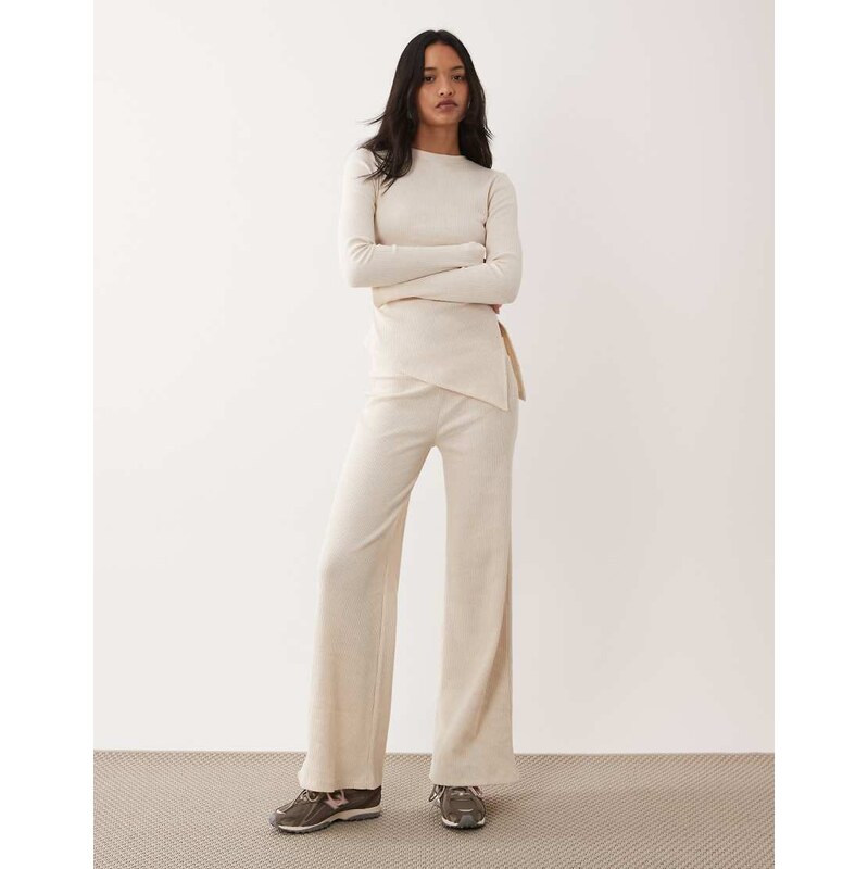 ASOS DESIGN ribbed wide leg trouser co-ord in cream-Neutral