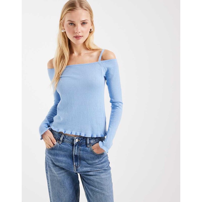Mango Teen 100% cotton cold shoulder knitted top in pale blue 113500283