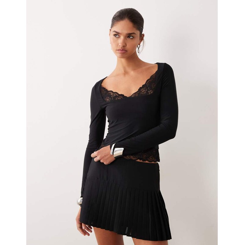 ASOS DESIGN long sleeve top with lace inserts in black
