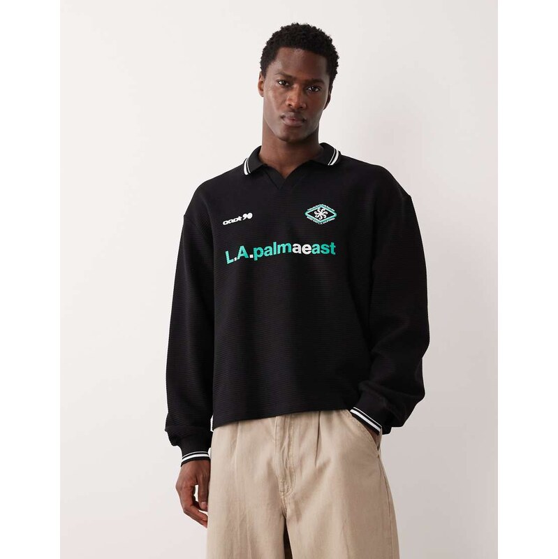 ASOS DESIGN relaxed textured rugby polo sweatshirt with graphic