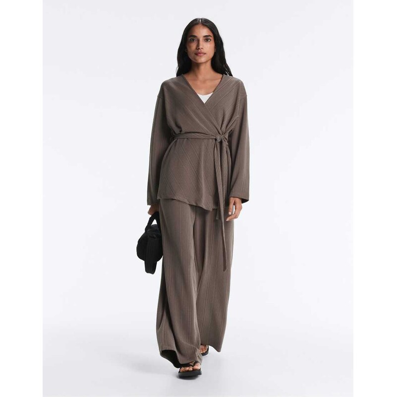 OYSHO Long asymmetric stripe jacket with modal in brown-Grey 115532189