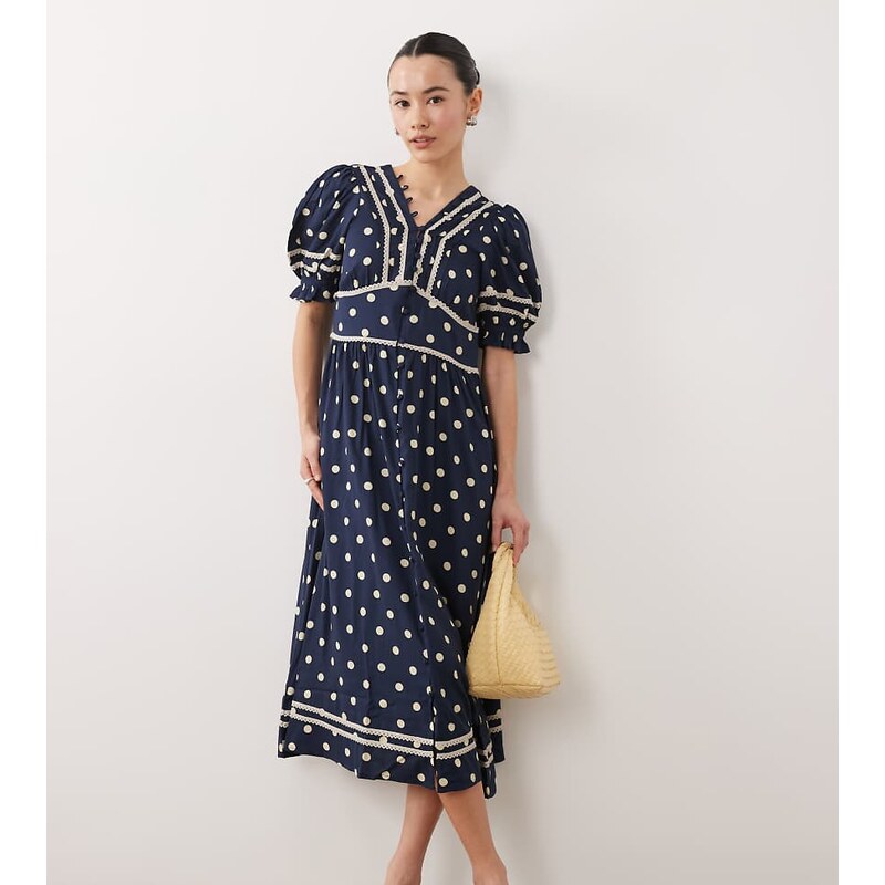 Nobodys Child Petite Saffy bell sleeve polkadot midi dress in