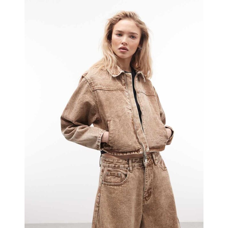 Liquor N Poker boxy zip through denim jacket co-ord in stone-Neutral 114183670