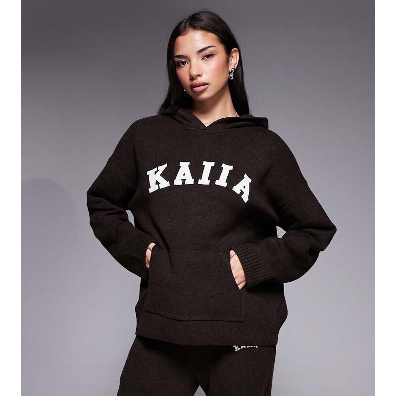 Kaiia wool feel knitted embroidered logo hoodie co-ord in chocolate 113501818