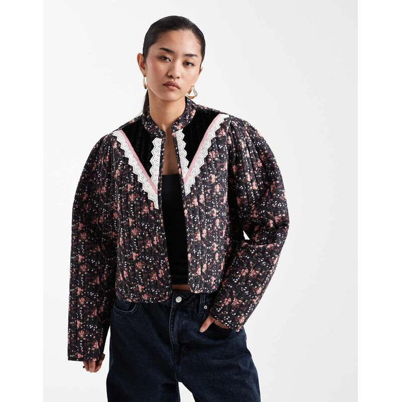 Miss Selfridge ditsy victoriana crop jacket in black print