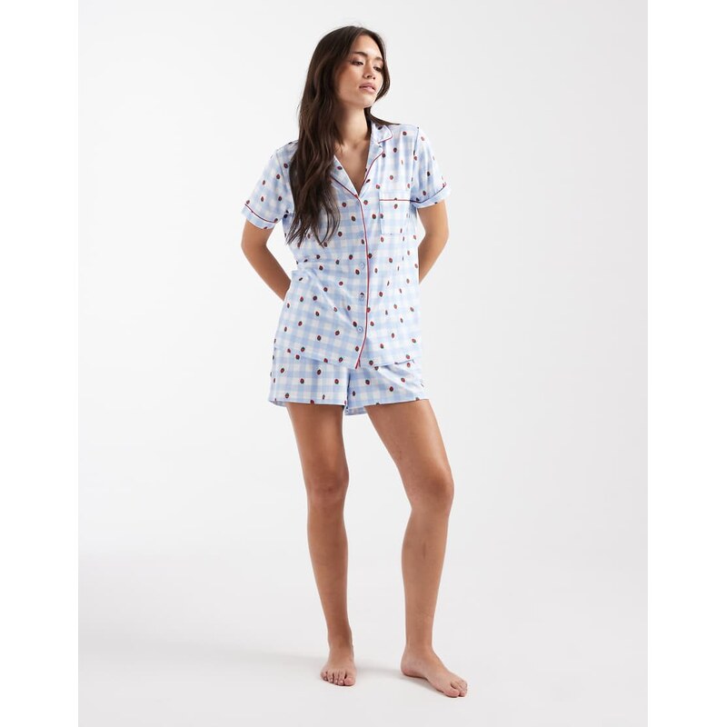 Loungeable blue check supersoft jersey short sleeve shirt & shorts 113501803
