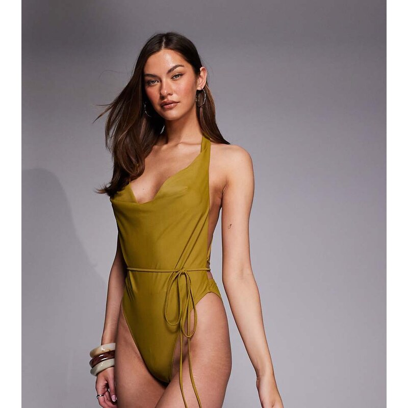 ASOS Tall ASOS DESIGN Tall Colette cowl neck swimsuit in chartreuse 115516457
