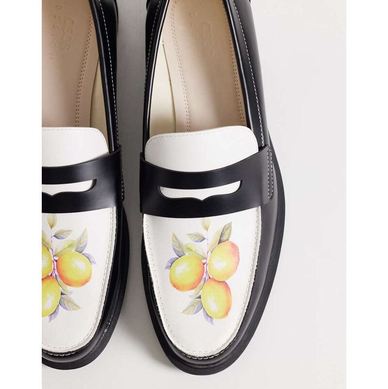 ASOS DESIGN two tone penny loafers with lemon graphic-Multi