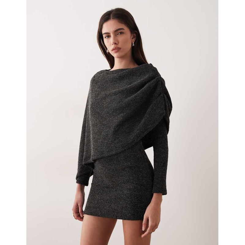 ASOS DESIGN brushed rib cape mini dress in charcoal-Grey