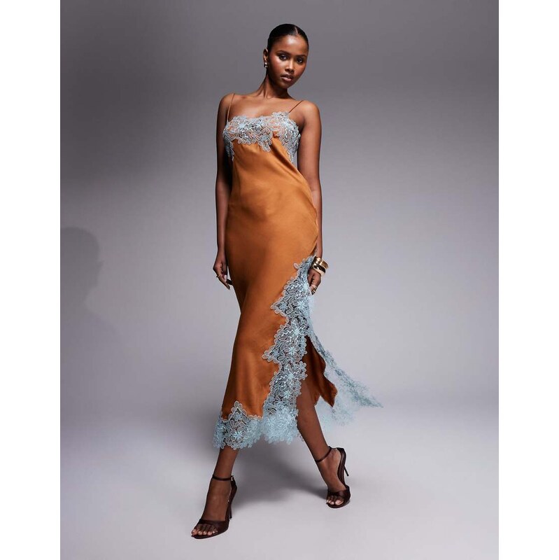 ASOS DESIGN lace applique satin bias midi slip dress in brown