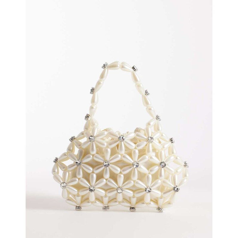River Island flower pearl beaded grab bag in cream-White