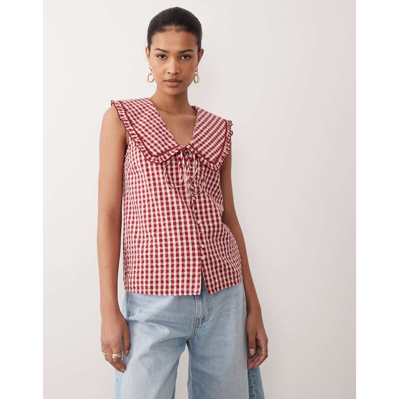 Nobodys Child Blair gingham blouse with ruffle collar in red 113564283