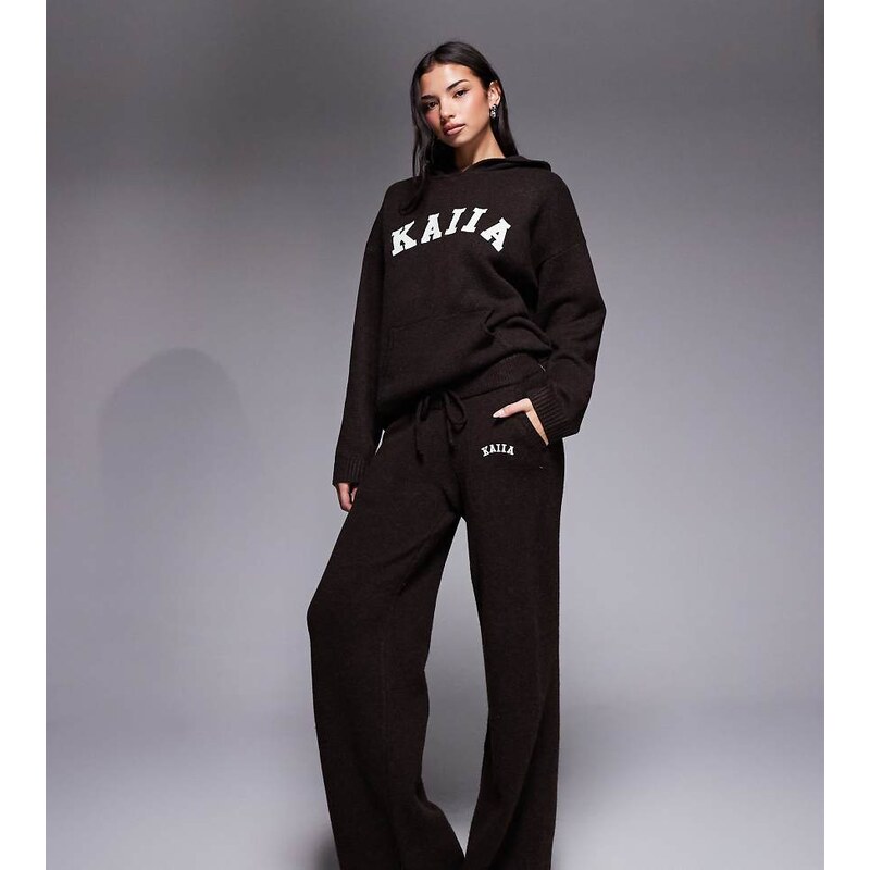 Kaiia wool feel knitted embroidered logo wide leg trouser co-ord in 113518638