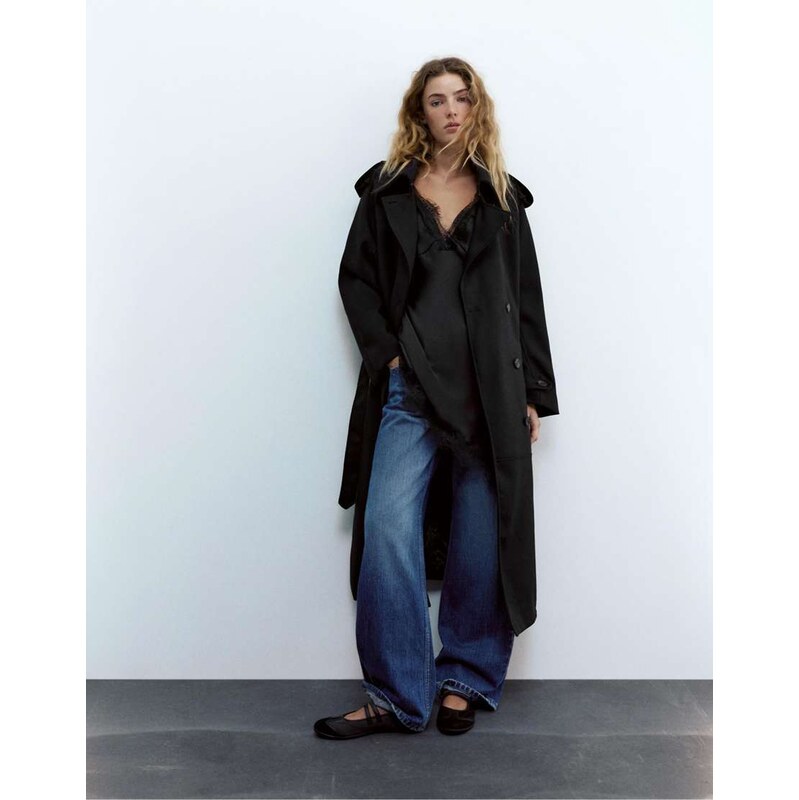 Pull&Bear Fluid long trench coat in black 113518875